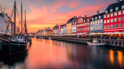 Fototapeta premium Stunning sunset over the vibrant Nyhavn waterfront in Copenhagen with boats and lively cafes