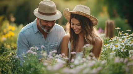 Couple of farmers taking care of aromatic plants in a garden center