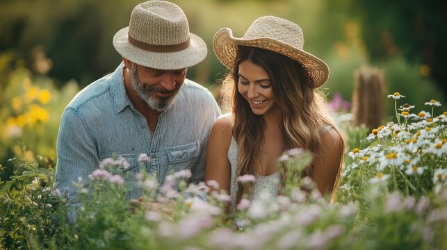 Couple of farmers taking care of aromatic plants in a garden center