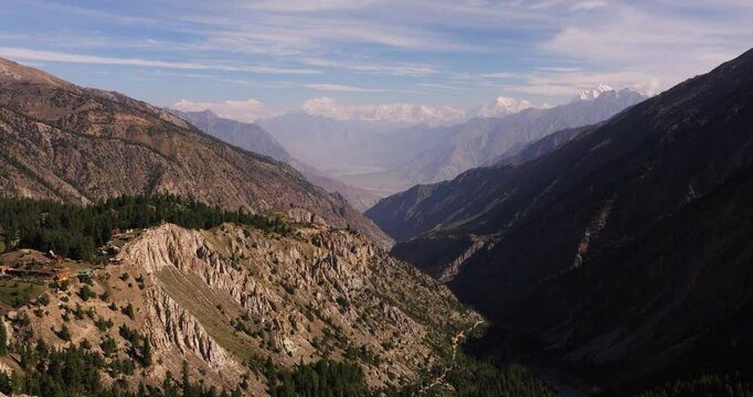 Aerial View of Rugged Mountain Landscape at Fairy Meadows, Pakistan, Karakoram Range in Background