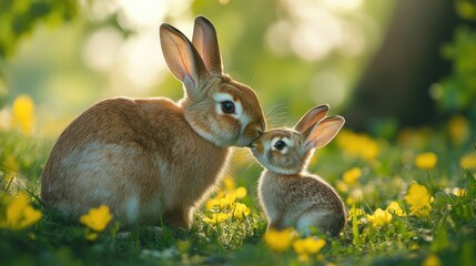 Mother rabbit kissing baby bunny in spring flowers