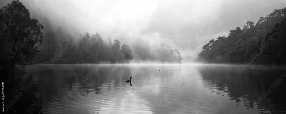 Poster misty lake landscape with trees, calm water, and soft reflections, black and white tones.