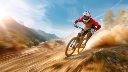 Mountain biker racing down a dirt trail on a sunny day.