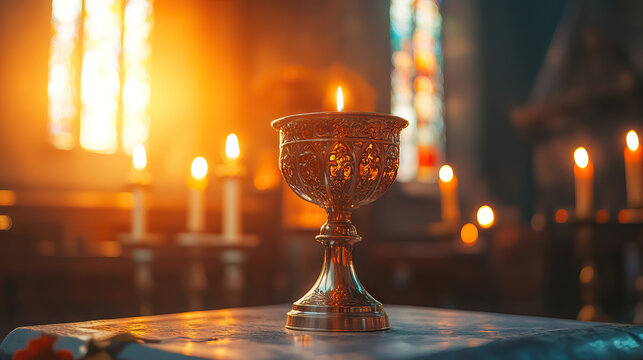 close up chalice against blurred lit candles in church representing the Eucharist for all saints' day background banner.