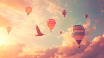 Naklejka premium A serene sky filled with colorful hot air balloons and an eagle soaring gracefully.