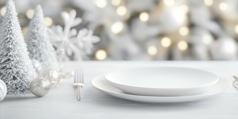 Elegant holiday dining setup with white plates and festive decorations.