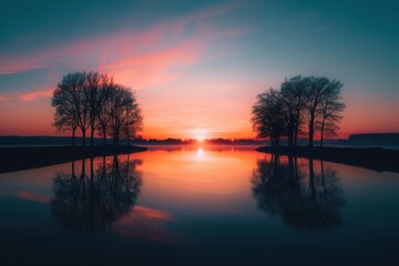 Serene sunset over calm water, silhouetted trees, vibrant orange and blue sky.