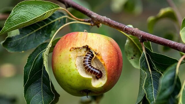 Close up of a worm on an apple that is starting to spoil