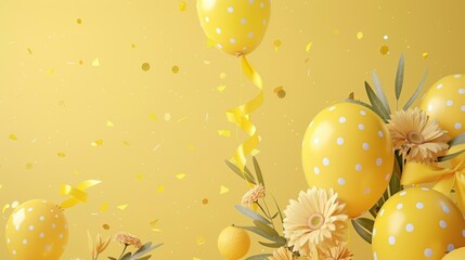 Yellow ribbon with confetti and carnations, light yellow background, soft color balloons, polka dots, cheerful and lively composition.