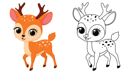Fototapeta premium Cute Deer cartoon coloring pages isolated on white