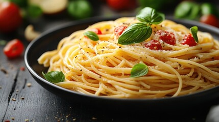 A plate of spaghetti topped with tomatoes and basil.