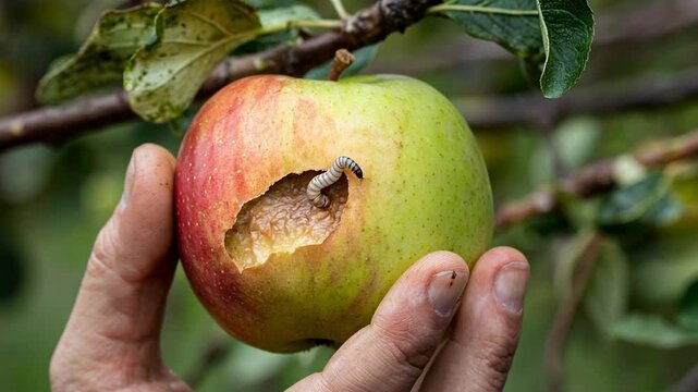 Close up of a worm on an apple that is starting to spoil