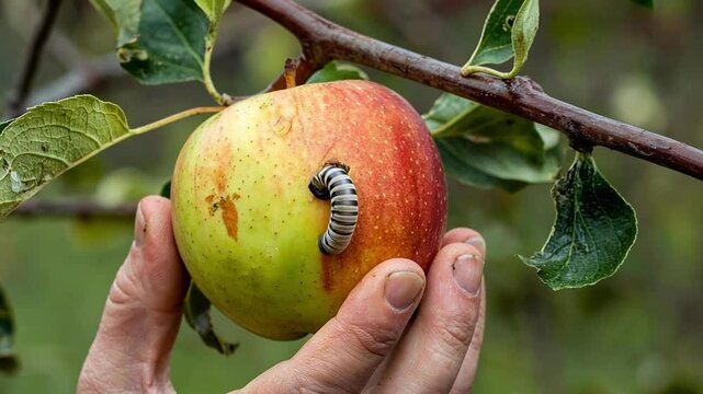 Close up of a worm on an apple that is starting to spoil