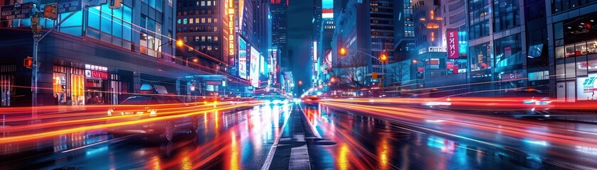 Obraz premium Vibrant cityscape at night with illuminated buildings and moving traffic.