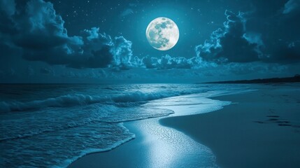 A serene moonlit beach scene with gentle waves and a starry sky.