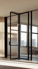 Modern interior with glass doors and abundant natural light.
