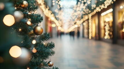 Festive Vintage Christmas Menu Board Mockup in Warmly Lit Shopping Center with Garland Decor and Fairy Lights