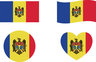 Moldova flags set. Circle icon. waving flag. heart shape icon. Various designs	