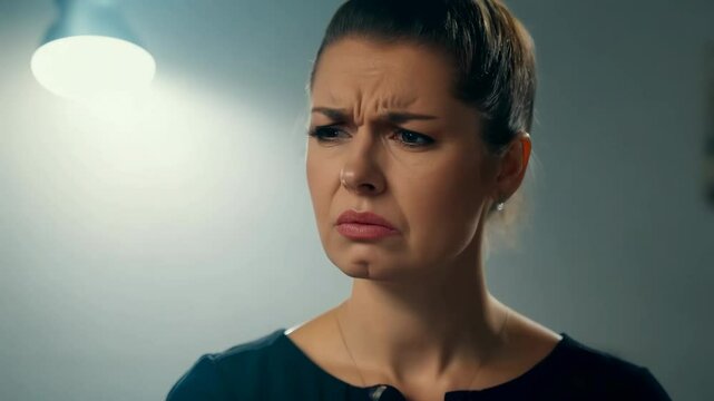static video, studio key light, close-up of young woman, pixie cut, frustration, blurred kitchen background