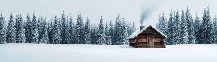 Obraz premium A cozy cabin in a snowy landscape surrounded by tall evergreen trees, creating a serene winter retreat atmosphere