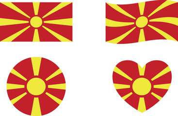 North Macedonia flags set. Circle icon. waving flag. heart shape icon. Various designs	