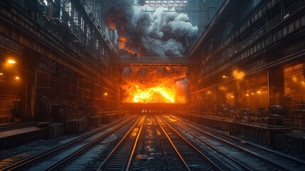 Fototapeta premium A fiery industrial scene with smoke and glowing molten metal.