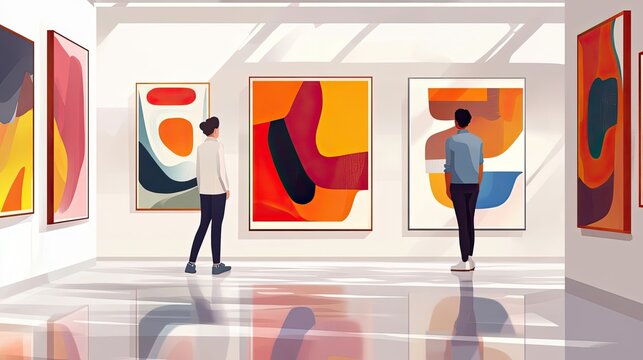 Two People View Abstract Art in a Gallery Setting