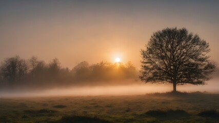 Obraz premium A quiet morning with a misty sky, the sun rising slowly and casting a gentle glow through the fog, creating an ethereal atmosphere 