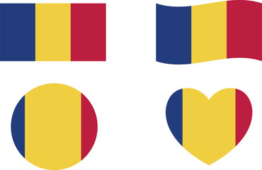 Fototapeta premium Romania flags set. Circle icon. waving flag. heart shape icon. Various designs 