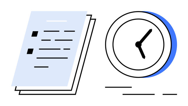 A stack of documents next to a simplistic clock. Ideal for time management productivity business scheduling office work efficiency. Minimalist clean vector style