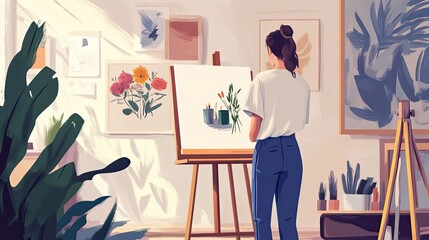 Woman Painting Flowers in a Studio with an Easel and a Tripod