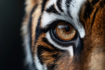 Close-up of a tiger's eye, showcasing intense detail in the iris and fur pattern with prominent black stripes and varying shades of orange and white fur.