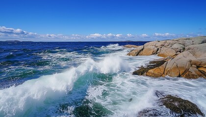Fototapeta premium Norwegian sea waves crashing on a rocky shore, sunny day on Sotra Island in Norway. 