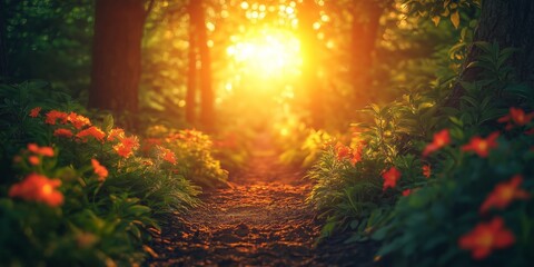A forest path bathed in golden light, surrounded by vibrant greenery and orange flowers in bloom