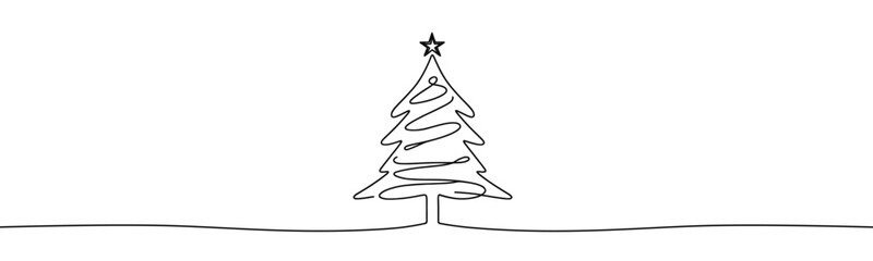 Single continuous line drawing on white background. Christmas tree in minimalistic background