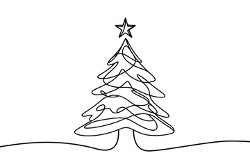 Single continuous line drawing on white background. Christmas tree in minimalistic background