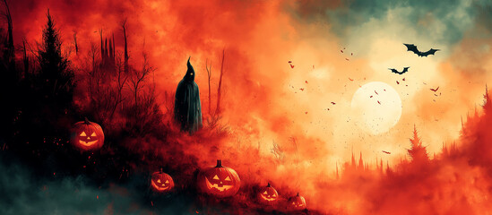 Hooded figure in a haunted landscape with glowing pumpkins, bats, and a spooky castle at twilight, Hand-painted watercolour Halloween