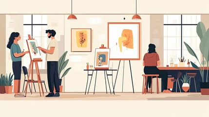 Fototapeta premium A Group of Artists Working and Viewing Artwork in a Studio