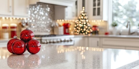 A festive kitchen decorated with red ornaments and a Christmas tree glowing in the background.
