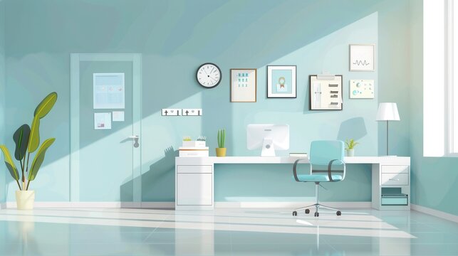 The doctor's office features modern furniture, plants, and organized decor, creating a welcoming and hygienic environment for patients. Generative AI