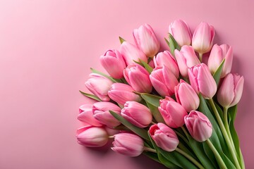 Naklejka premium Bouquet of vivid pink peony staying on pastel back. Mothers day, Valentines, Easter, Birthday greeting card. Copy space for text, top view, flat lay