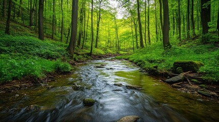 Fototapeta premium A serene forest scene with a flowing stream surrounded by lush green trees.