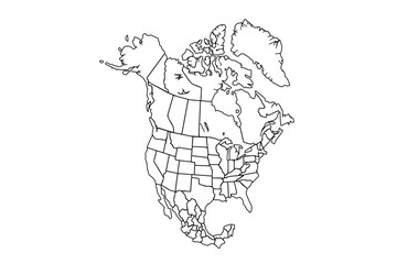 North America map outline isolated on white background. North America map outline template. North America map outline vector illustration. world map outline, linear doodle illustration