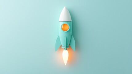 3D Render of a Light Blue Rocket Taking Off on a Pastel Background
