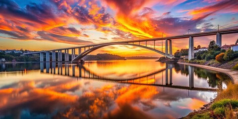 Naklejka premium Stunning View of Vasco Bridge at Sunset with Vibrant Sky Reflected in Water Below in Portugal