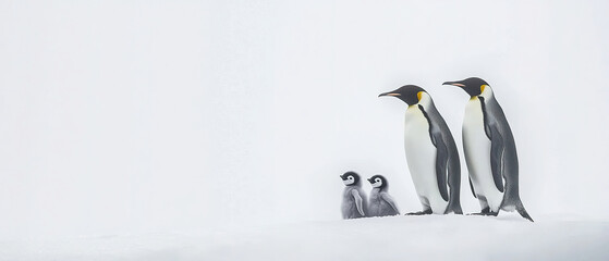 Fototapeta premium A family of yellow-eyed penguins standing together on the snow-covered surface, with one baby chick in between them. The scene is set against an icy white background, emphasizing their elegant black a