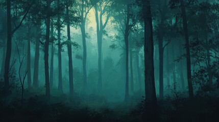 Obraz premium A misty forest scene with tall trees and a mysterious atmosphere.