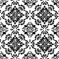 Fototapeta premium Ornate Black and White Seamless Pattern with Intricate Symmetrical Floral Motifs, Curved Elements, and Decorative Accents, Ceramic Art and Classic Design
