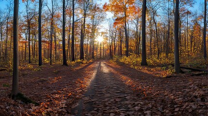 Obraz premium Sunlit Path Through Autumnal Forest