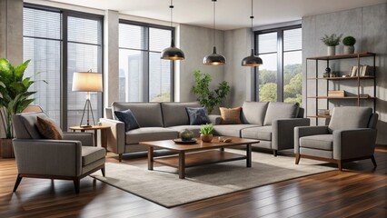 Fototapeta premium Chic living room furniture set with cozy sofas, fashionable accent chairs, and a sleek coffee table, perfect for creating a warm and stylish ambiance.